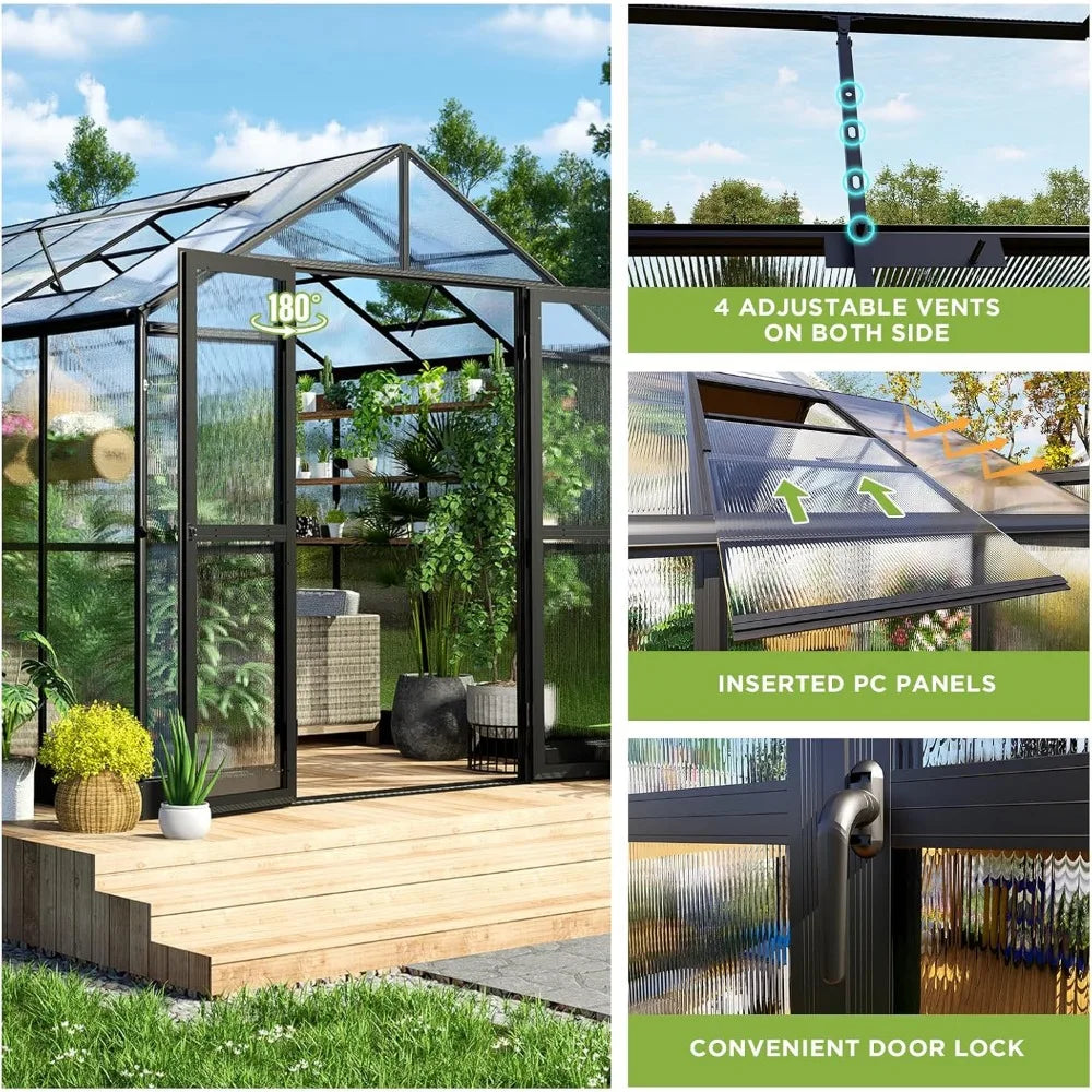 8 x 10 x 7.5 Ft Double Swing Doors Polycarbonate Greenhouse - Black