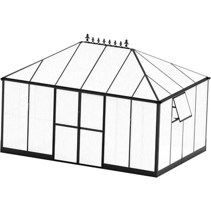 14 x 9.5 x 9 Ft Glass Greenhouse with 2 Vents and Rain Gutter