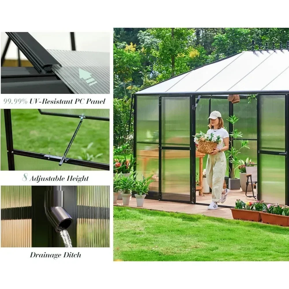 14 x 9.5 x 9 Ft Glass Greenhouse with 2 Vents and Rain Gutter