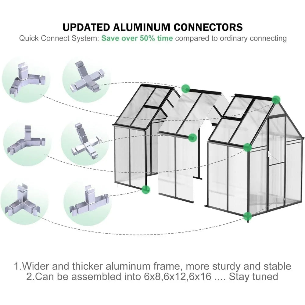 8 x 6 - 12 x 10 Ft Easy Assemble Aluminum Polycarbonate Greenhouse