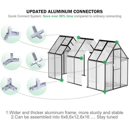 8 x 6 - 12 x 10 Ft Easy Assemble Aluminum Polycarbonate Greenhouse