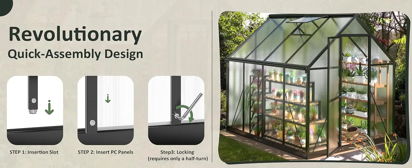 6 x 7.5 Ft Single Swing Door Polycarbonate Greenhouse - Black