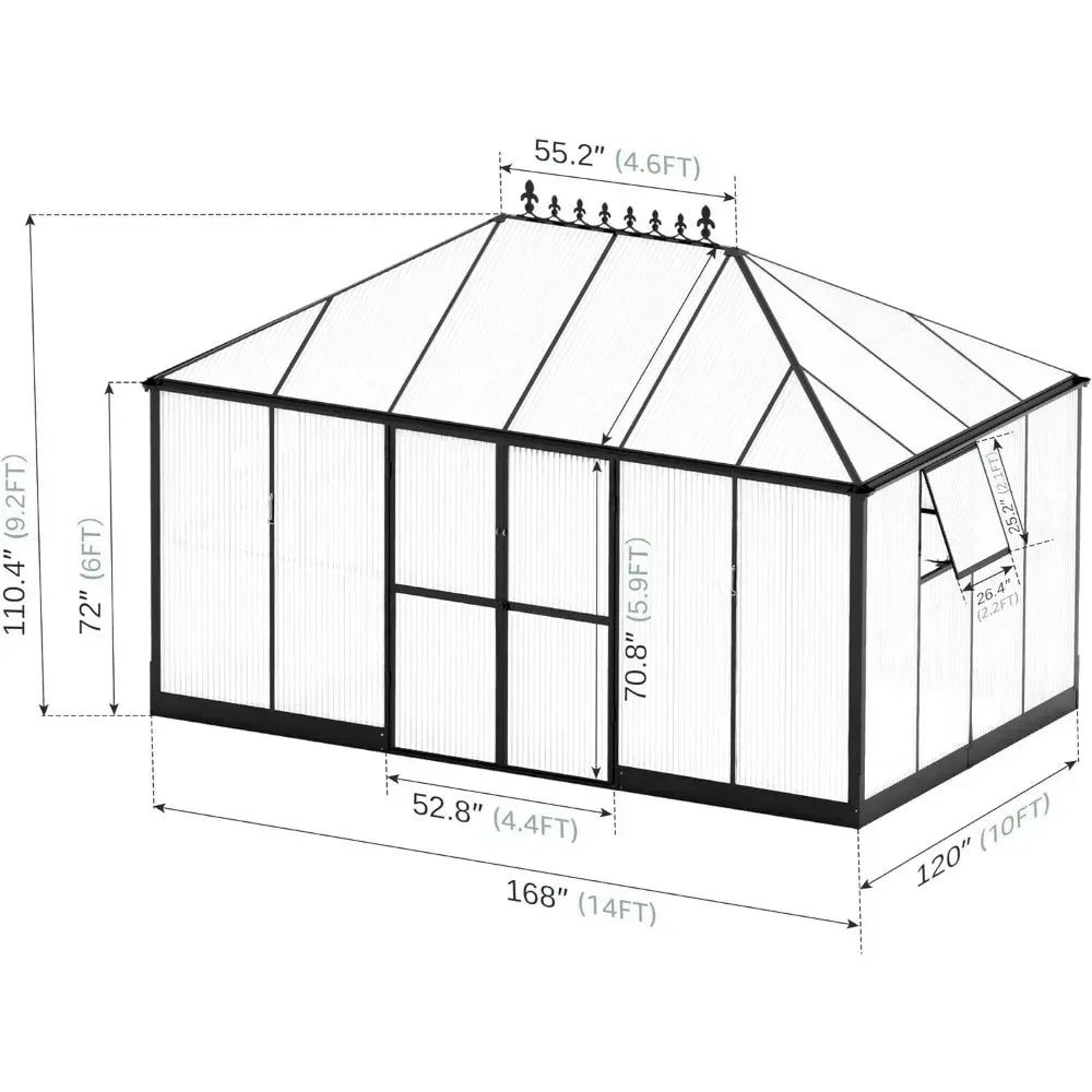 14 x 9.5 x 9 Ft Glass Greenhouse with 2 Vents and Rain Gutter