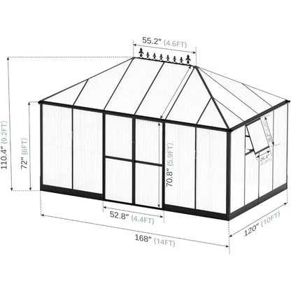 14 x 9.5 x 9 Ft Glass Greenhouse with 2 Vents and Rain Gutter